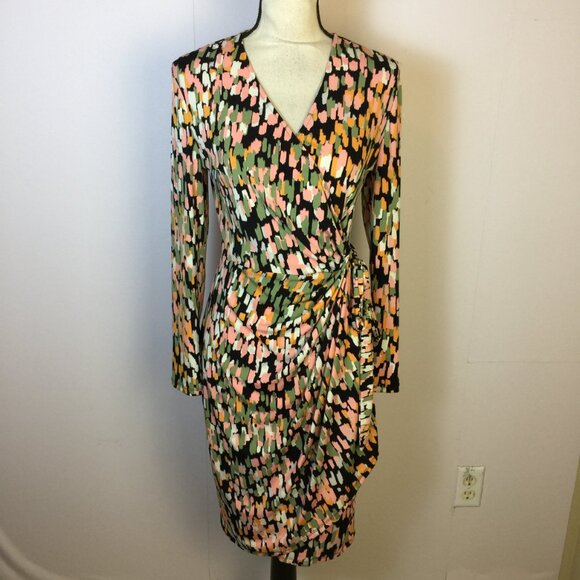 Maggy London Wrap Dress Size 8 Womans Black Pink Print Long Sleeve Stretch Knit - Picture 1 of 15
